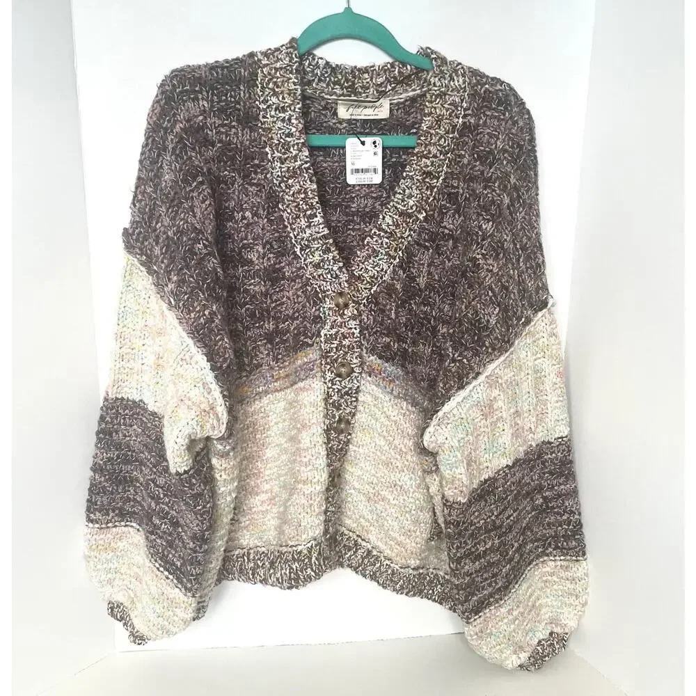 Free People Isabella Cardigan Chunky Knit Slouchy Brown Cream Patchwork L